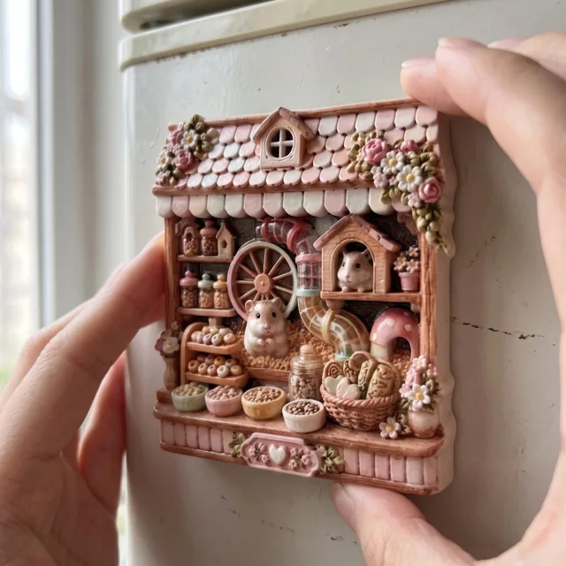 Fridge Magnet, Hamster House Miniature, Pink Floral Resin Decor — product photo 5