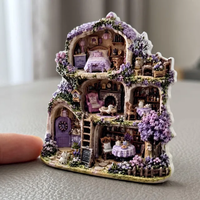 Refrigerator Magnet, Purple Miniature Cottage Scene with Floral Details — product photo 8
