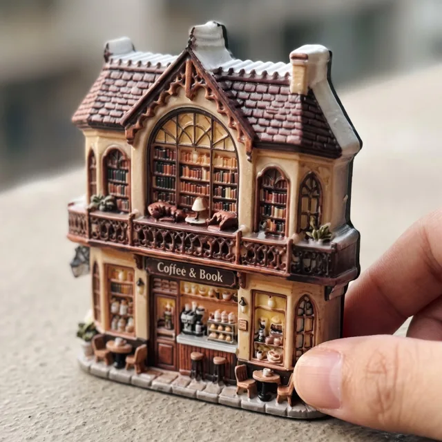 Resin Refrigerator Magnet: Gothic Coffee Shop Facade, 3D Relief Decor — product photo 5