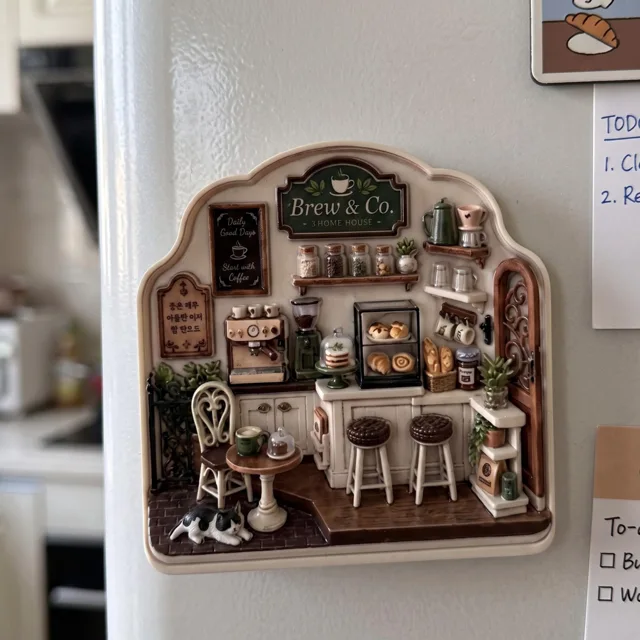 3D Coffee Shop Fridge Magnet: Miniature Cafe Scene Resin Relief Decor — product photo 2