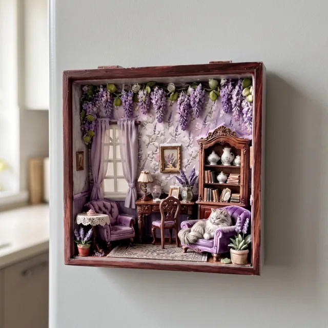 Miniature Room Scene Cat Purple Floral Decor Resin Fridge Magnet — product photo 8