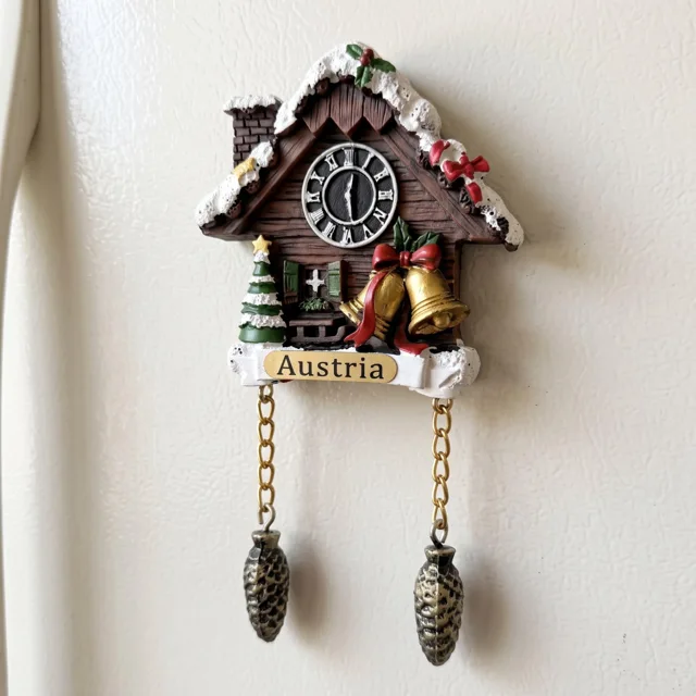 Snowy Cuckoo Clock House With Christmas Bells and Austria Plaque Refrigerator Magnet — product photo 1