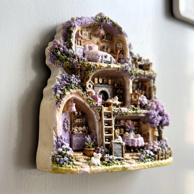 Refrigerator Magnet, Purple Miniature Cottage Scene with Floral Details — product photo 6