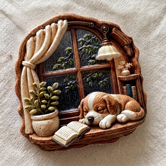 3D Fridge Magnet: Sleeping Dog by Rainy Window Relief Sculpture — product photo 7