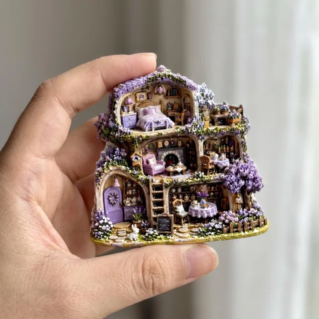 Refrigerator Magnet, Purple Miniature Cottage Scene with Floral Details — product photo 1
