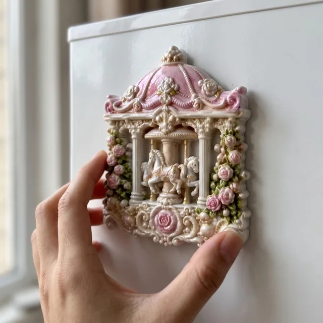 Resin Refrigerator Magnet, Ornate Carousel Horse and Pink Rose Decor — product photo 11