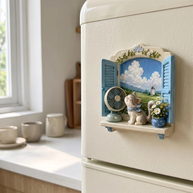 Refrigerator Magnet: Cat Window Scene With Blue Shutters and Flowers — product photo 8